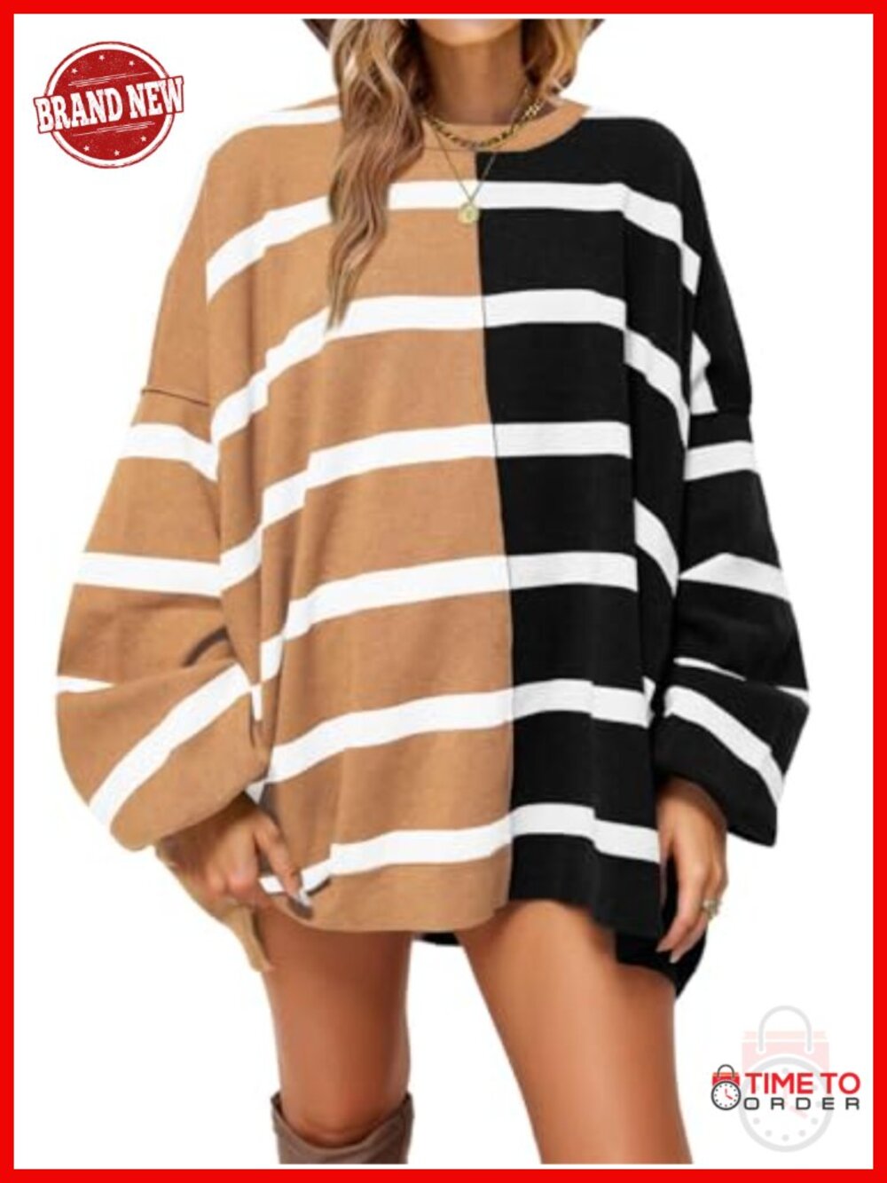 Womens Striped Pullover Sweater Crew Neck Long Sleeve Loose Knit